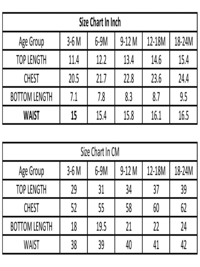 Size chart for ToffyHouse Navy Submarine Polo Shirt and Plaid Shorts Set detailing sizes in inches and centimeters