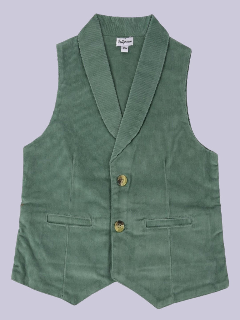 A front view of a vibrant green corduroy vest featuring button closures and front pockets.