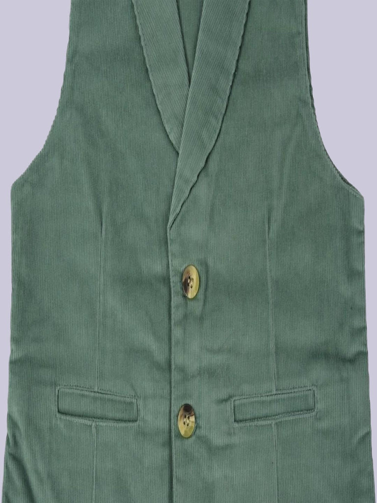 A close-up view showcasing the button details and texture of the vibrant green corduroy vest.