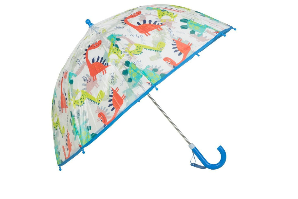 Full view of Yellow Bee's Dinosaur-Themed Transparent Umbrella for boys.