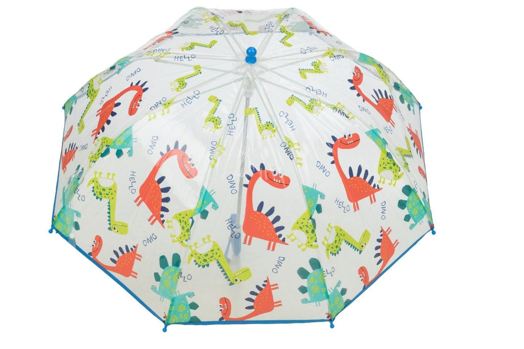 Back view of Yellow Bee's Transparent Dinosaur-Themed Umbrella showing colorful dinosaur graphics.