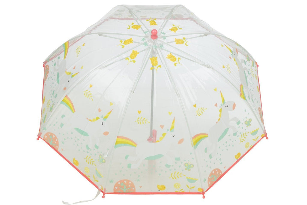 Top view of Yellow Bee's transparent dome umbrella displaying the colorful rainbow pattern.