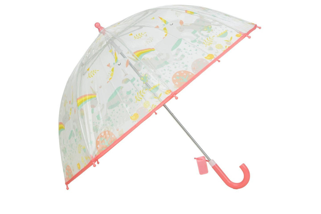 Full view of Yellow Bee's transparent dome umbrella with a vibrant rainbow pattern and red handle.