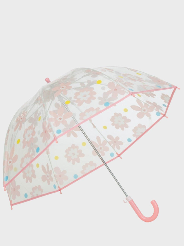 Transparent_Floral_Print_Umbrella_with_Pink_Trim_and_Hook_Handle_Side_View-