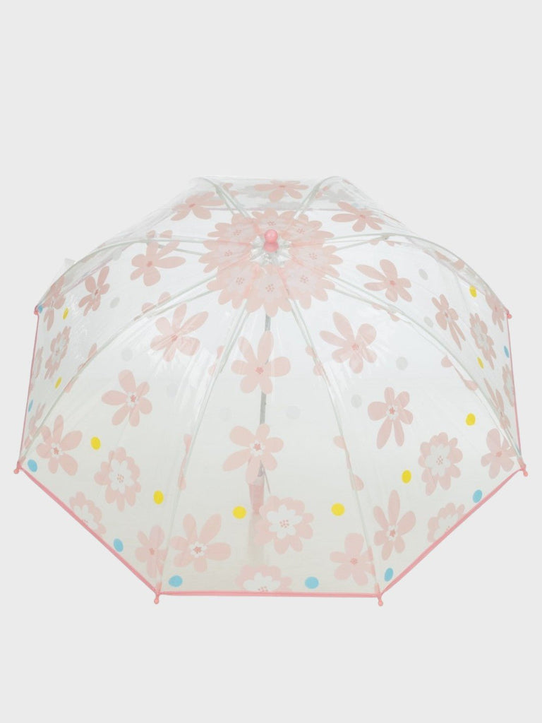 Transparent_Floral_Print_Umbrella_with_Pink_Trim_and_Hook_Handle_Top_View-