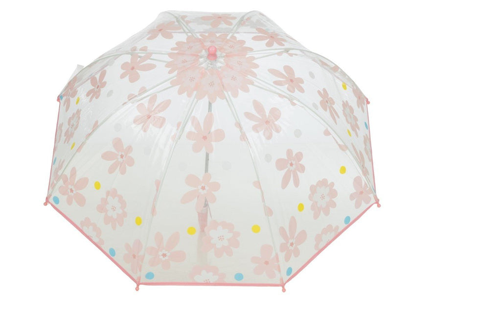 Top view of Yellow Bee's transparent floral print umbrella, displaying the detailed floral design and pink trim.