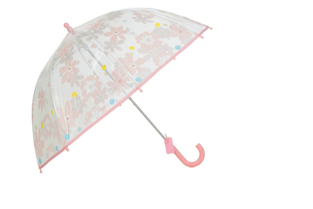 Full view of Yellow Bee's transparent floral print umbrella, fully extended with pink trim.