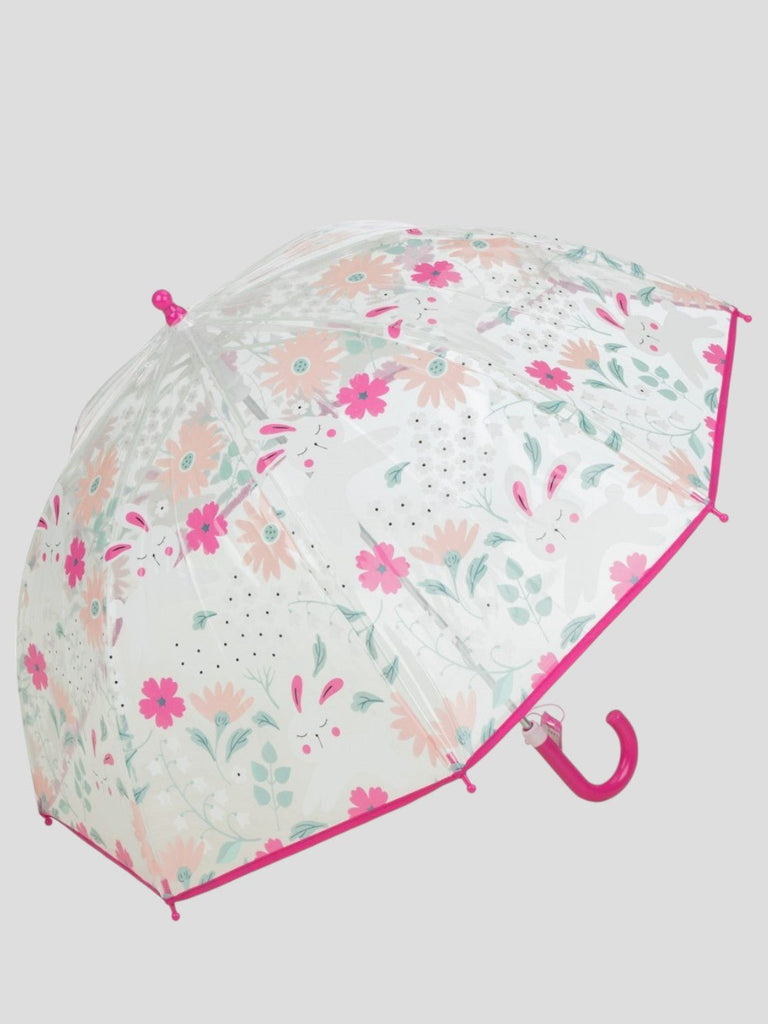 Transparent_Floral_Umbrella_with_Magenta_Handle_Angle_View-