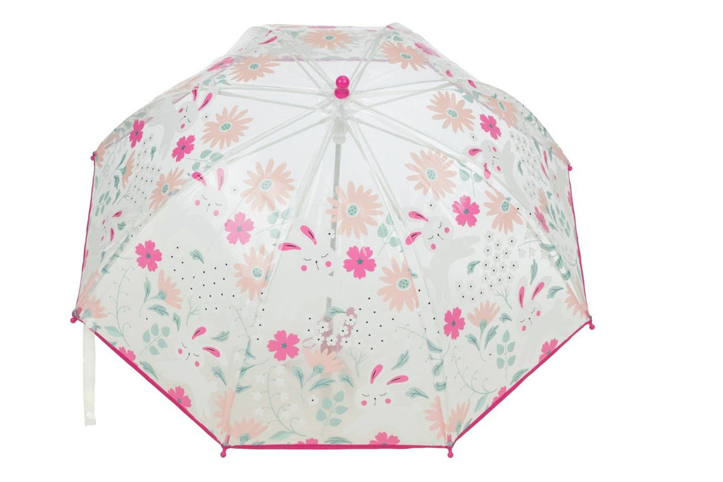 Back view of the Yellow Bee transparent floral umbrella showcasing the detailed floral design.