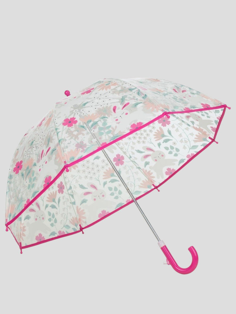 Transparent_Floral_Umbrella_with_Magenta_Handle_Side_View-