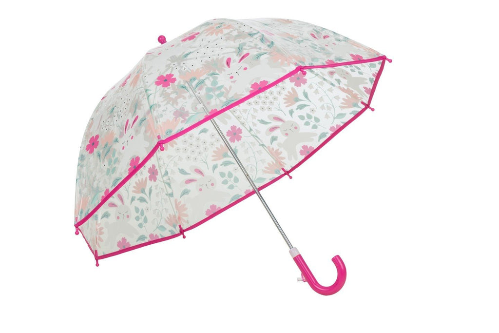 Side view of Yellow Bee's transparent floral umbrella, highlighting the magenta handle.