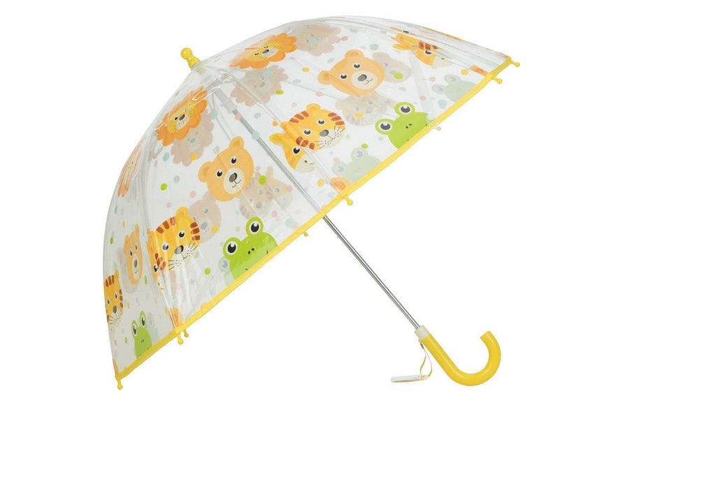 Full view of Yellow Bee's Transparent Jungle Animal Umbrella for boys with a clear, animal-themed canopy and yellow handle.