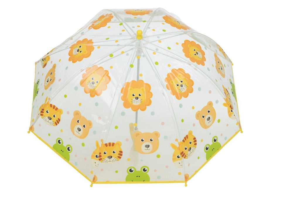 Top view of Yellow Bee's Jungle Animal Clear Dome Umbrella showing detailed animal and dot patterns.