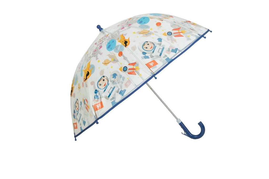 Full view of Yellow Bee's transparent umbrella with space-themed illustrations and a blue handle.