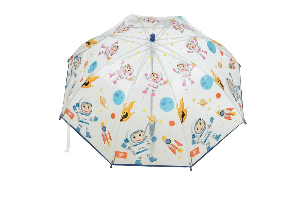 Back view of Yellow Bee's Transparent Space Adventure Umbrella featuring vibrant space graphics.