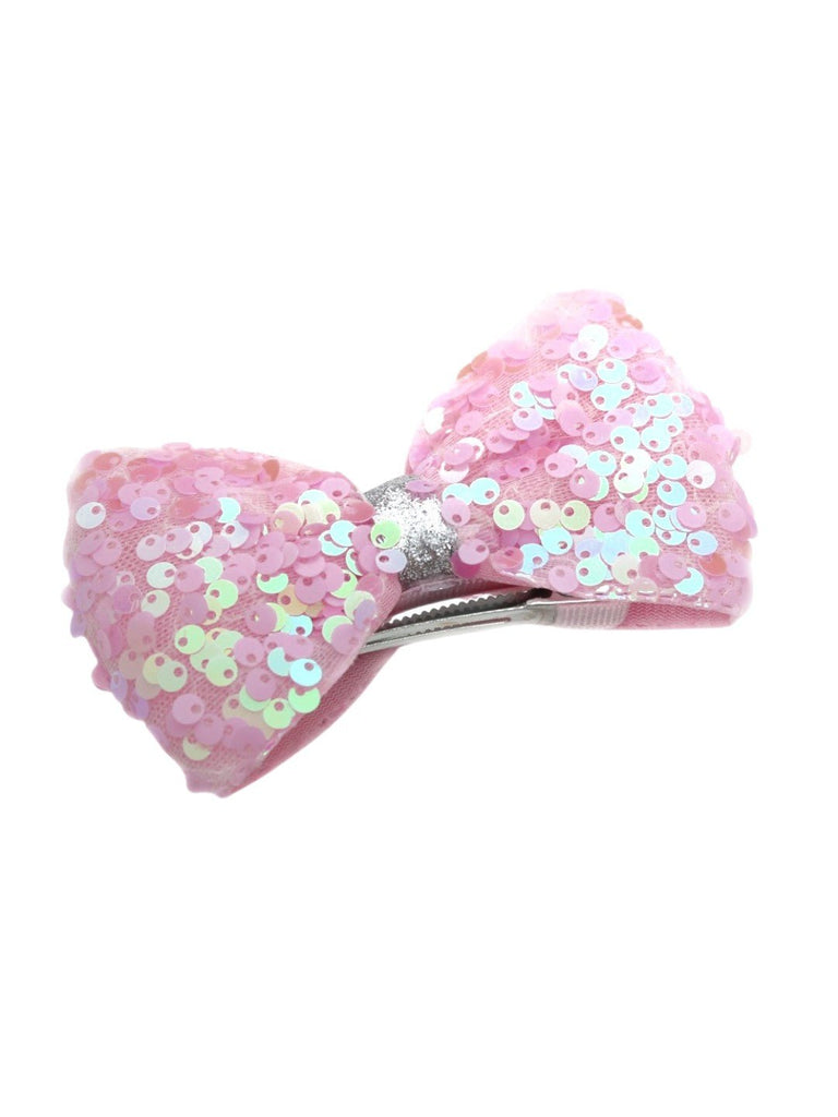 Trendy Light Pink Sequin Bow Hair Clip for Girls - Glamorous Touch-Front View