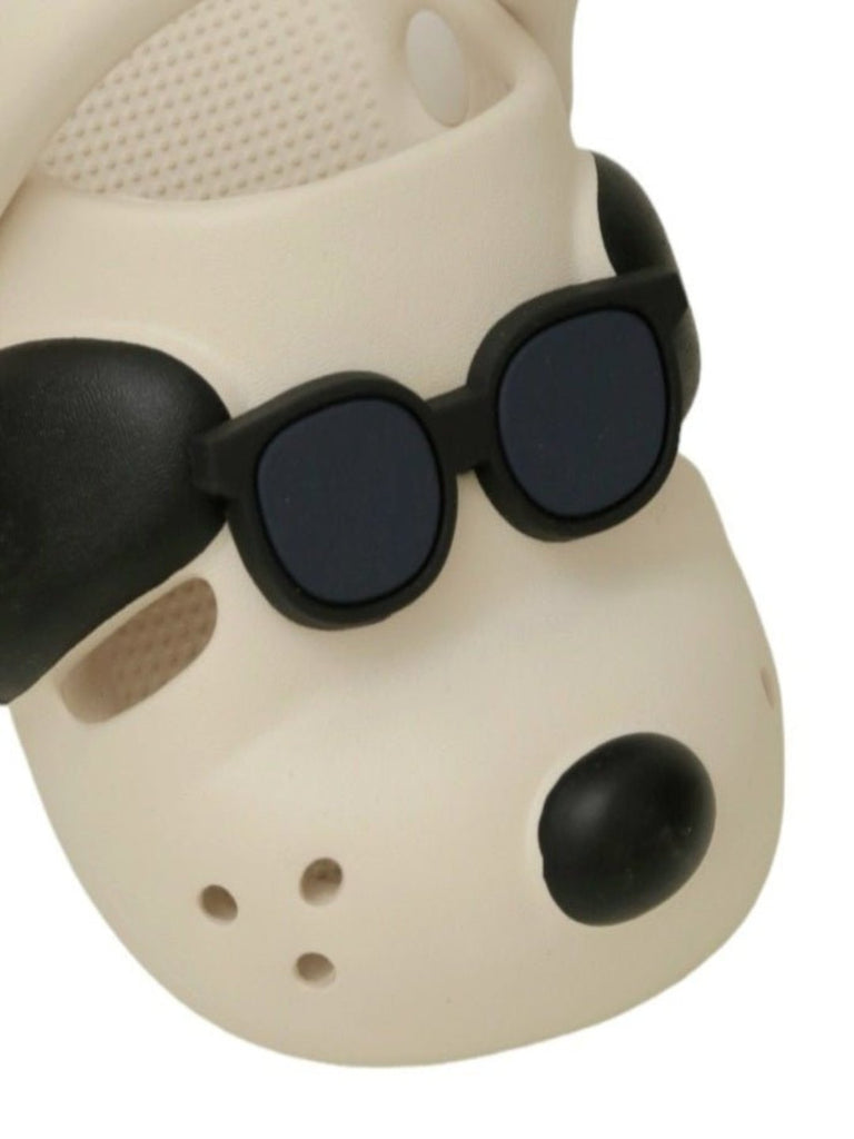 Close-up view highlighting the detailed sunglasses and puppy design on the Trendy Pup Boy's Clogs.