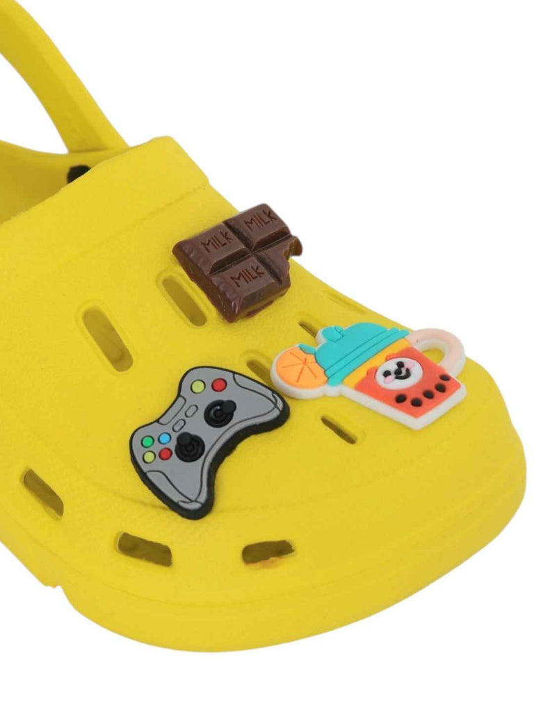Trendy Yellow Clogs with Gamepad, Chocolate & Fruit Smoothie Charms for Boys- Close up view