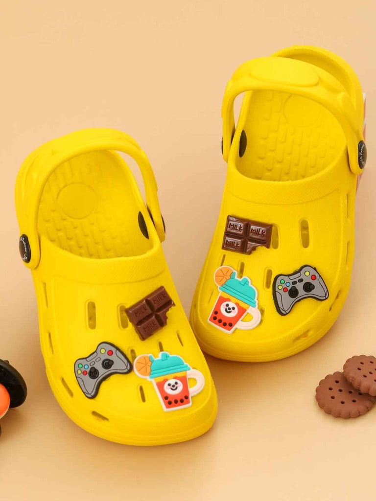 Trendy Yellow Clogs with Gamepad, Chocolate & Fruit Smoothie Charms for Boys-Creative View