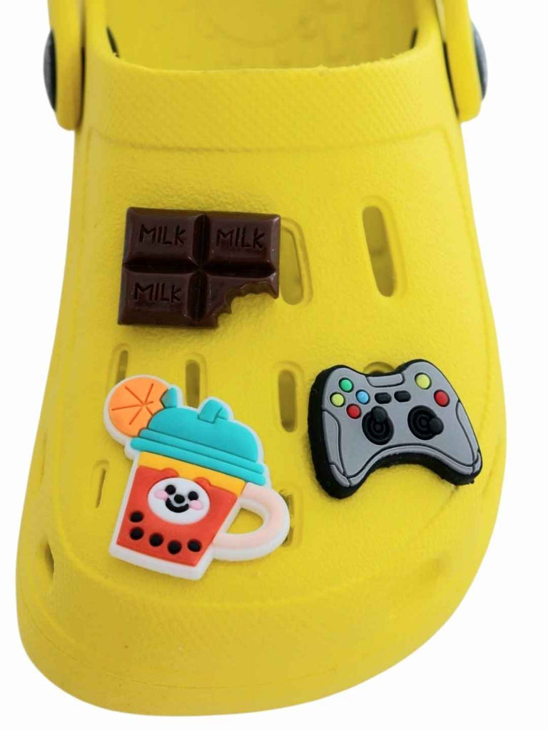 Trendy Yellow Clogs with Gamepad, Chocolate & Fruit Smoothie Charms for Boys-Front View