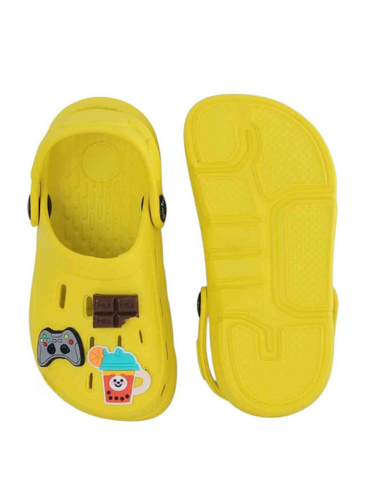 Trendy Yellow Clogs with Gamepad, Chocolate & Fruit Smoothie Charms for Boys-Front & Back View
