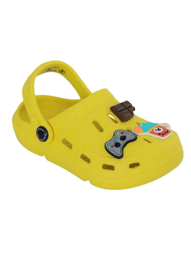 Trendy Yellow Clogs with Gamepad, Chocolate & Fruit Smoothie Charms for Boys-Angle View