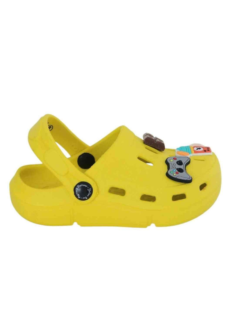 Trendy Yellow Clogs with Gamepad, Chocolate & Fruit Smoothie Charms for Boys-Side View