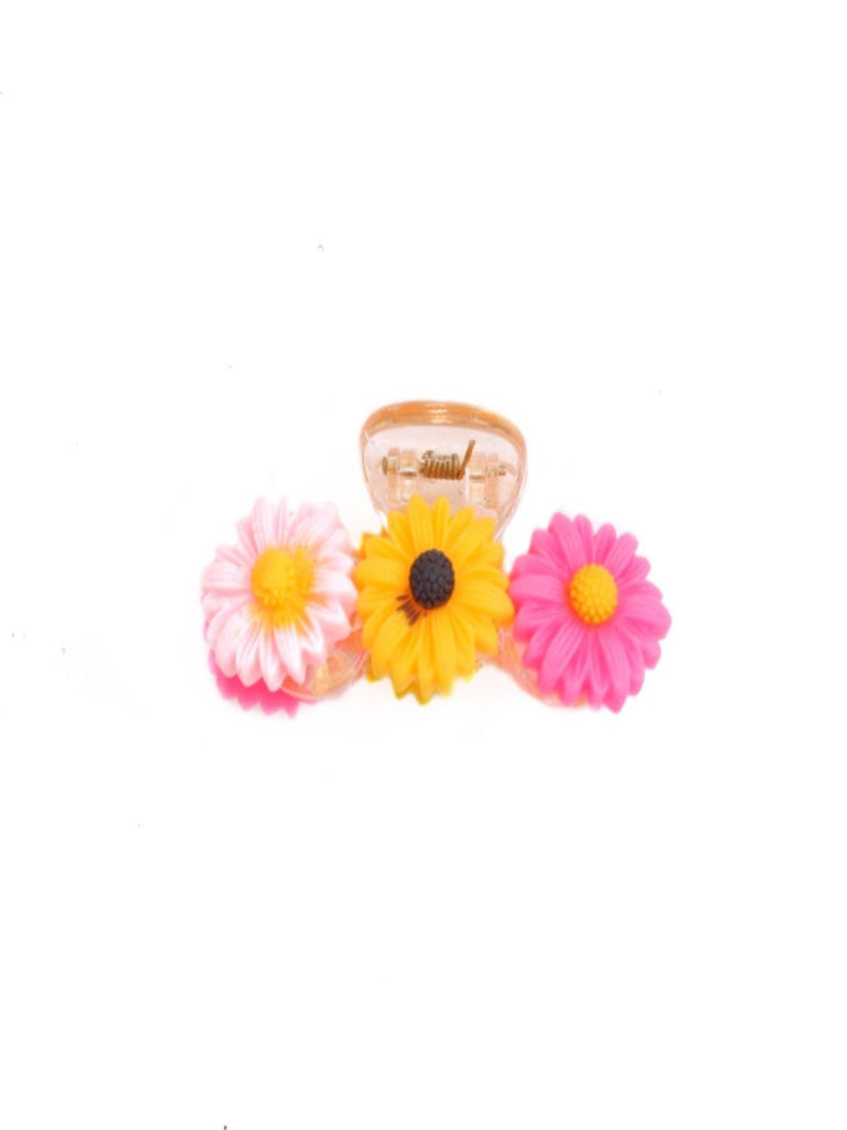 Full view of Triple Daisy Design Floral Hair Claw Clip in Pink & Yellow by Yellow Bee.