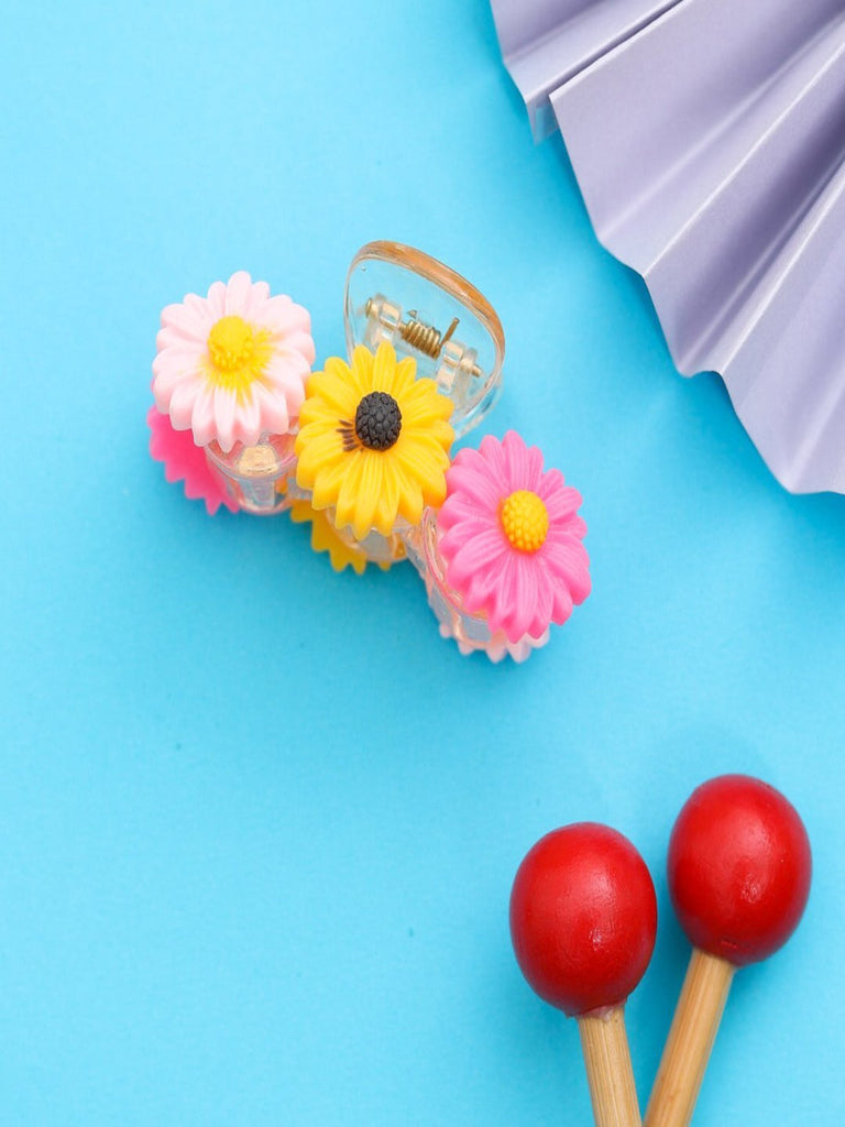 Creative view of Triple Daisy Design Floral Hair Claw Clip in Pink & Yellow by Yellow Bee.

