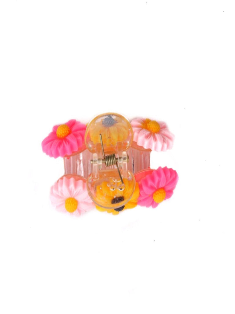 Front view of Triple Daisy Design Floral Hair Claw Clip in Pink & Yellow by Yellow Bee.