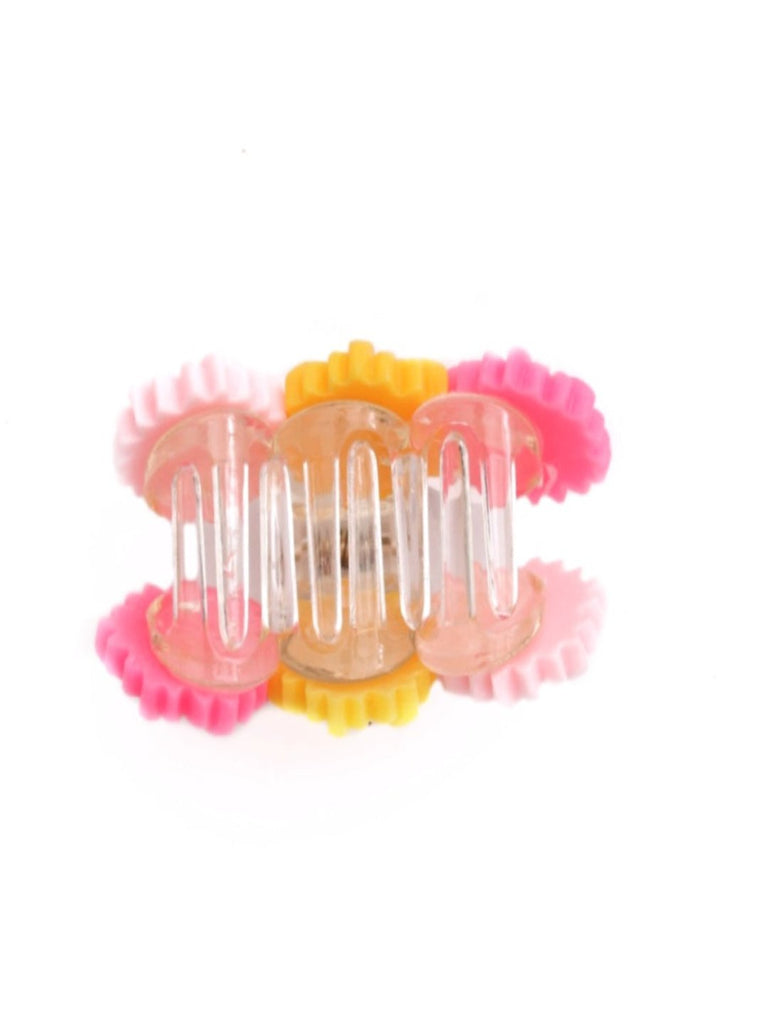 Zoom view of Triple Daisy Design Floral Hair Claw Clip in Pink & Yellow by Yellow Bee.