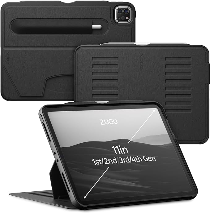 This image probably presents an overview of the case, featuring its slim profile, protective capabilities, and possibly highlighting the pencil holder and magnetic stand features in a stylish, stealth black color.