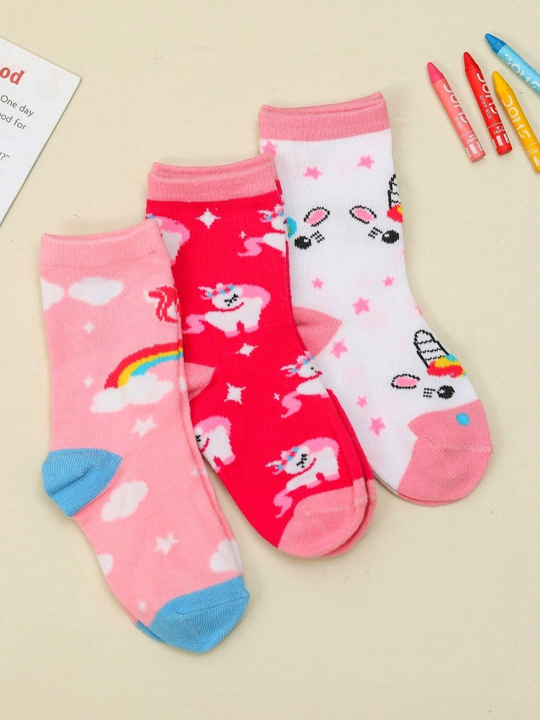 Yellow Bee Unicorn and Rainbow Socks for Girls showcasing a colorful 3-pack with unicorn and rainbow designs.