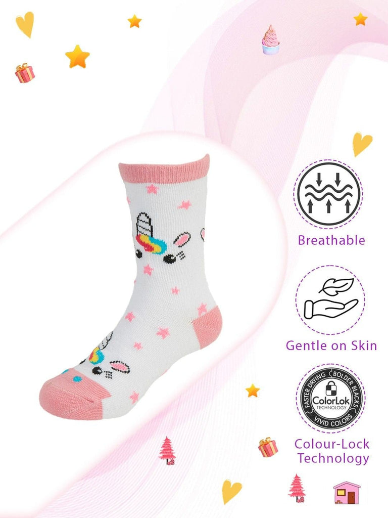 Creative view of Yellow Bee Unicorn and Rainbow Socks for Girls featuring vibrant unicorn and rainbow patterns.