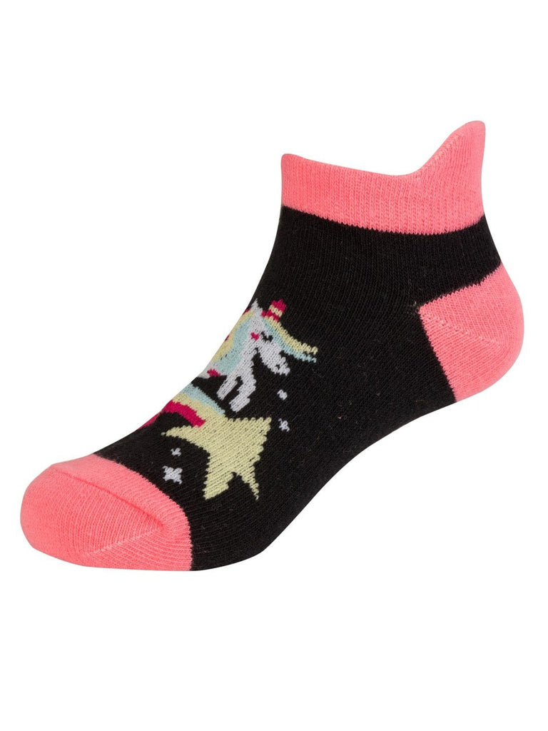 Black color variant of Yellow Bee Unicorn Ankle Socks for Girls featuring a charming unicorn and stars design.