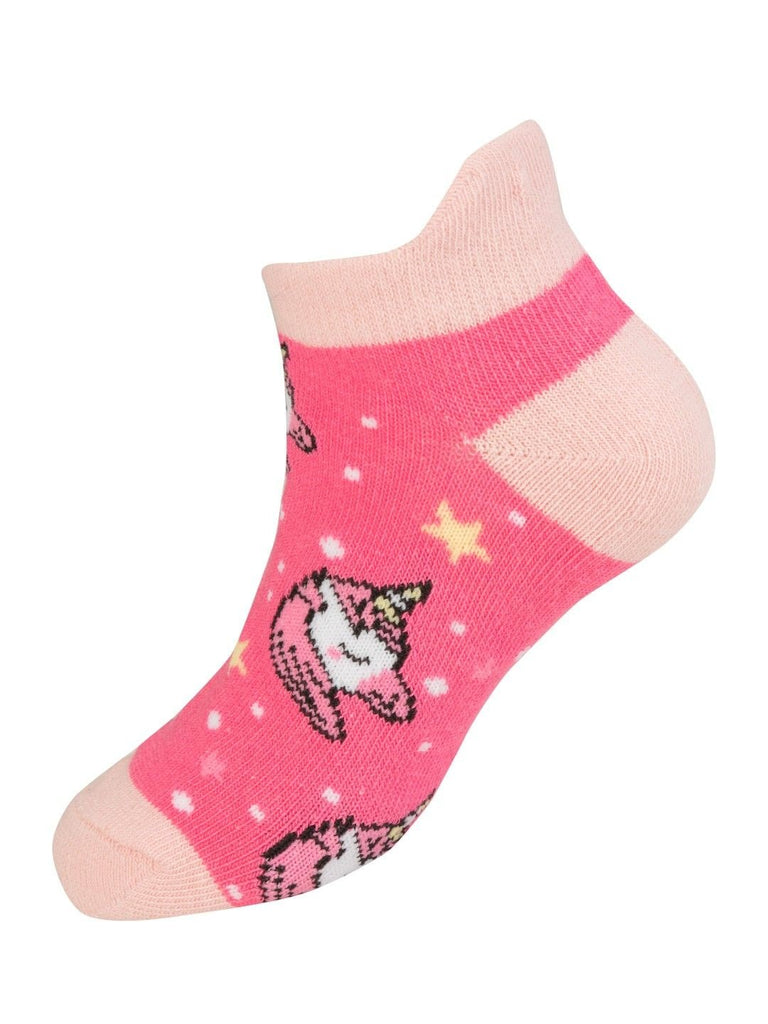 Pink color variant of Yellow Bee Unicorn Ankle Socks for Girls featuring playful unicorns and stars.