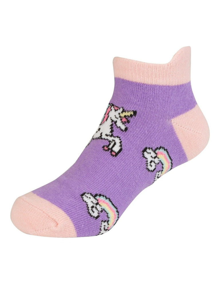 Detailed view of Yellow Bee Unicorn Ankle Socks for Girls showcasing the vibrant unicorn and rainbows design.

