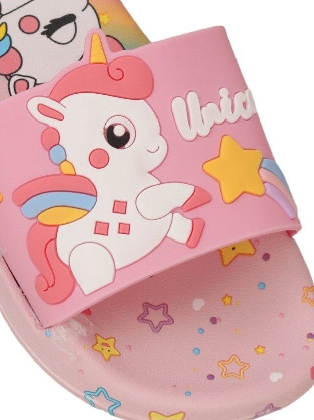 Close-up zoom of Unicorn Fantasy Pink Slides detailing the vibrant colors and unicorn character.