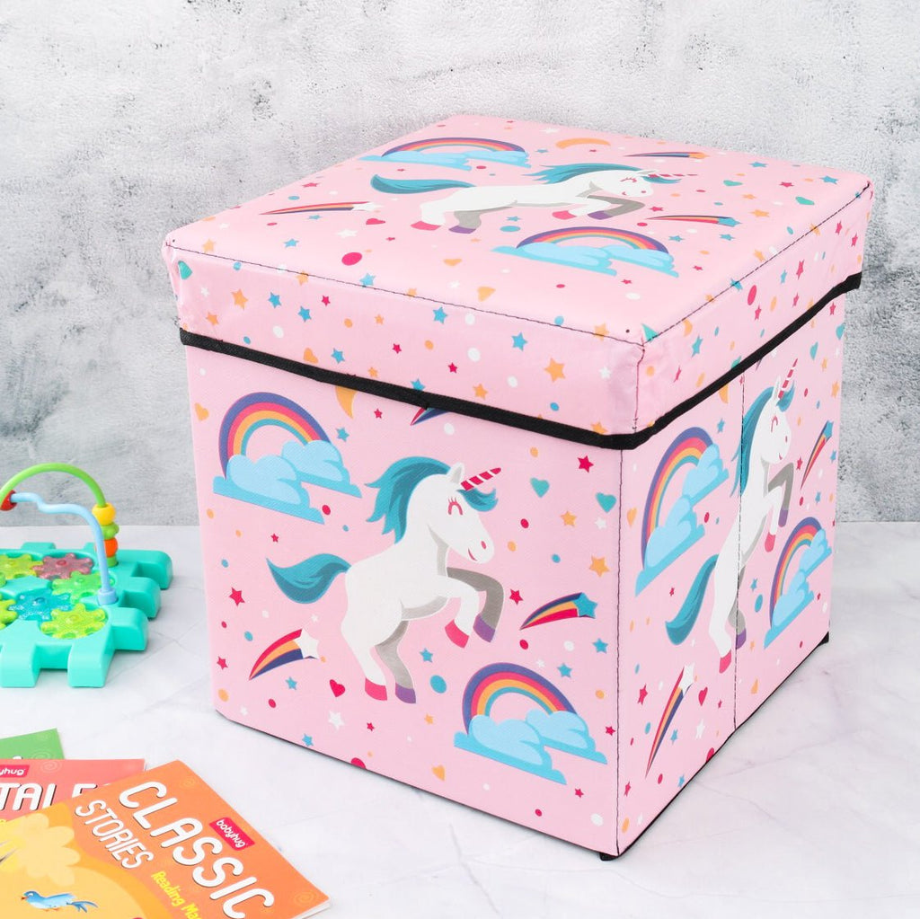 Front view of the Pink Yellow Bee Unicorn Storage Box, featuring a vibrant unicorn motif.