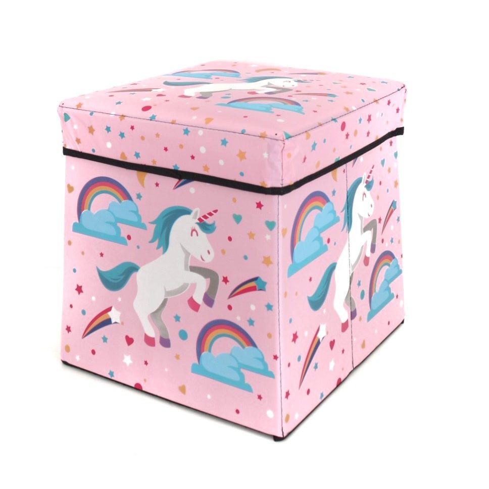 Side view of the Yellow Bee Unicorn Storage Box, displaying its pink fabric and starry details.