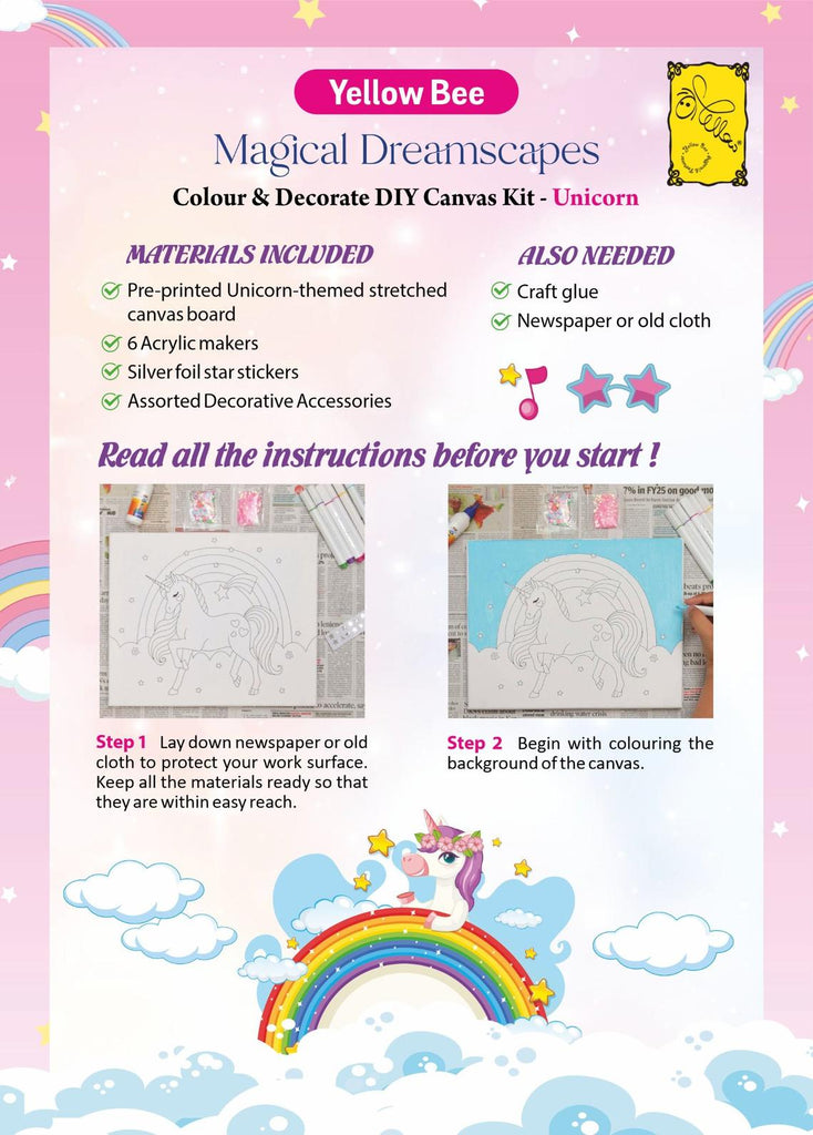 Features of the Yellow Bee Unicorn DIY Canvas Kit highlighting included materials and tools