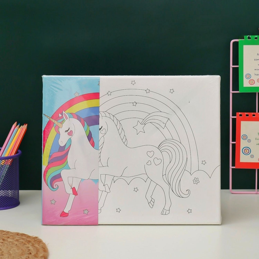 Detailed view of the Yellow Bee Unicorn DIY Canvas Kit contents