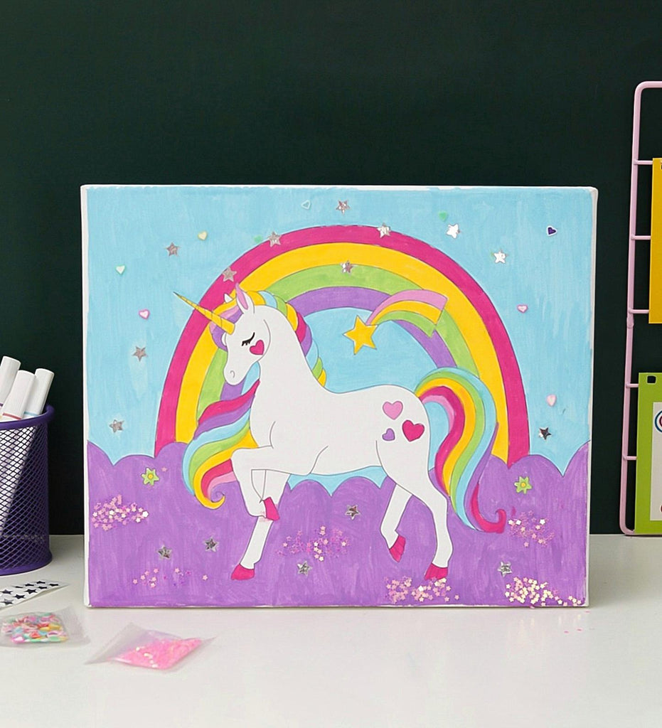 Creative setup of the Yellow Bee Unicorn DIY Canvas Kit showcasing potential project results