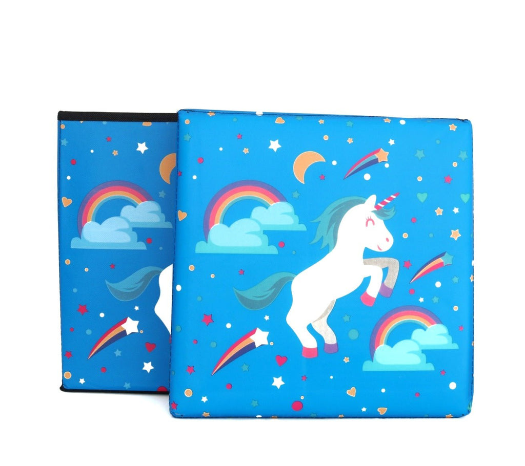 Close-up of the Yellow Bee Unicorn Storage Box with detailed unicorn and rainbow illustrations against a starry sky backdrop.