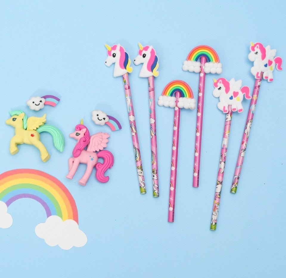 Array of Yellow Bee Unicorn Themed Pencils and Erasers on Blue Background