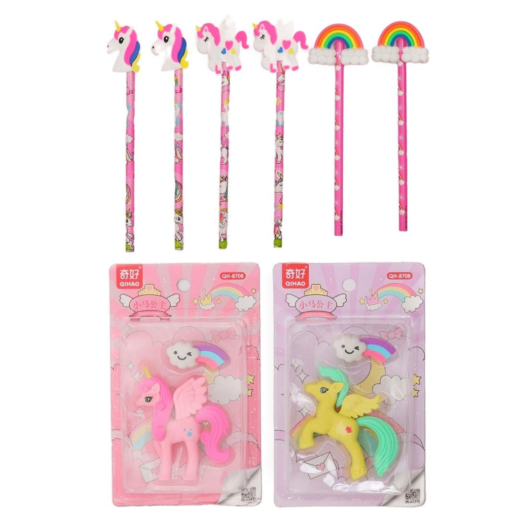 Yellow Bee Unicorn Theme Pencil and Eraser Set featuring pink pencils with unicorn toppers