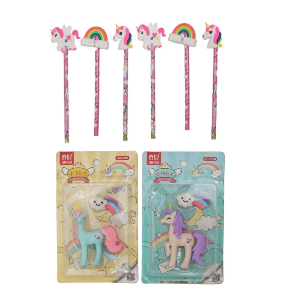 Yellow Bee Unicorn Theme Stationery Set with pencils and erasers on a white background