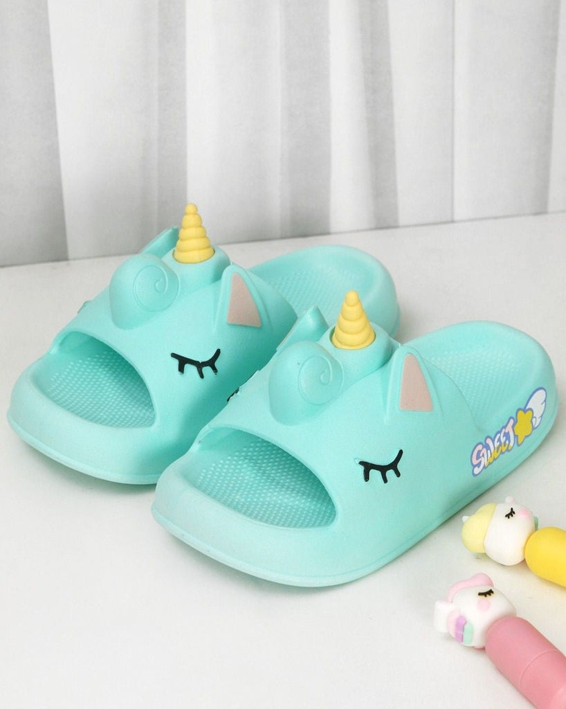 Creative display ofAqua Unicorn-Themed Comfort Slides for Girls  by Yellow Bee