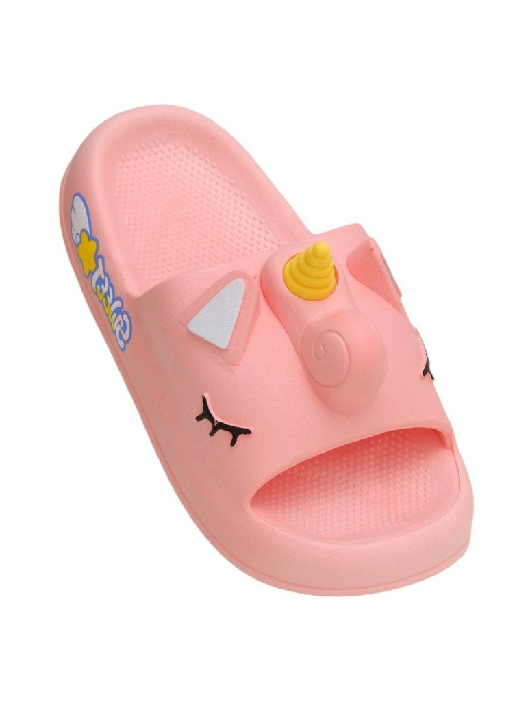 Angle view of the Peach Unicorn-Themed Comfort Slides for Girls by Yellow Bee