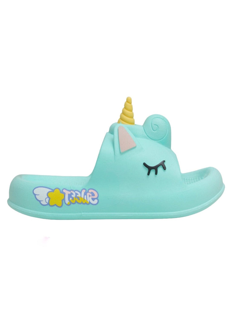 Side view of Aqua Unicorn-Themed Comfort Slides for Girls  by Yellow Bee